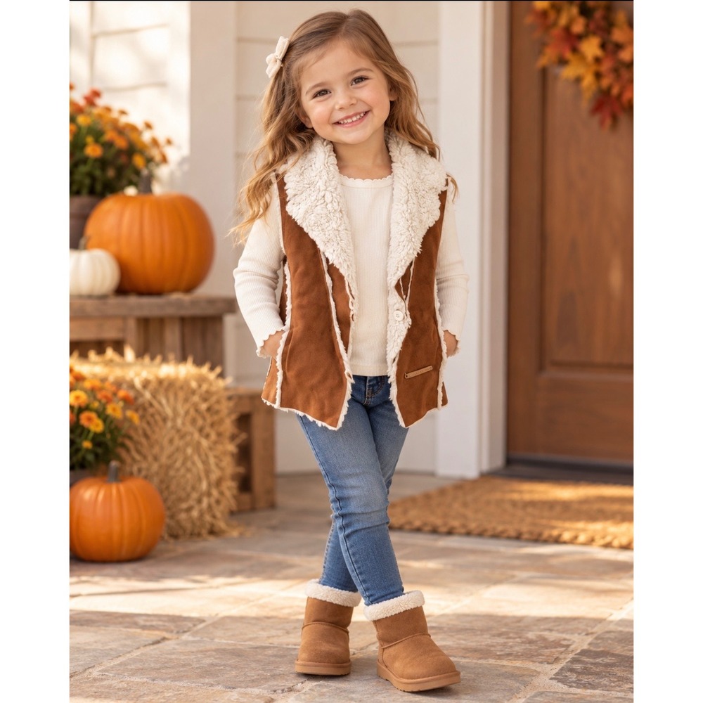 Calvin Klein Girls 4T Brown Faux Suede Sherpa Lined Vest Fall Western Boho